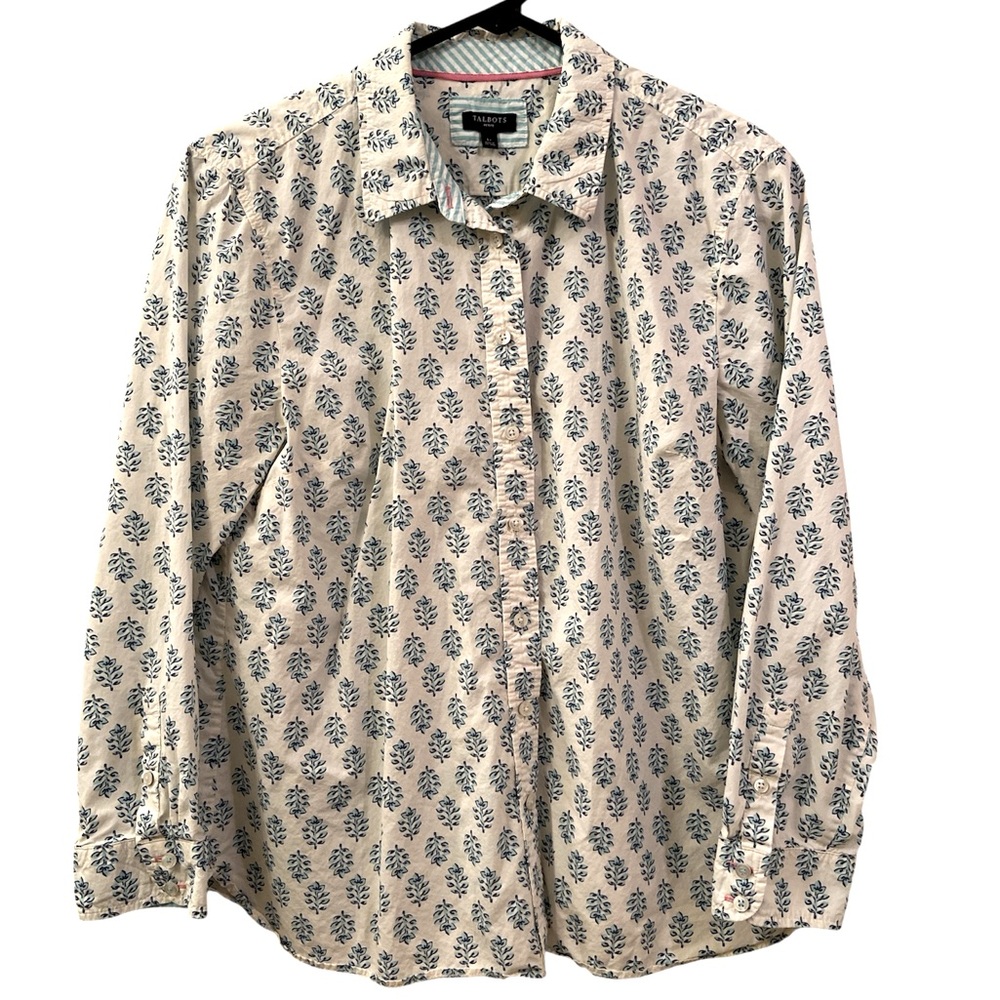 Talbots Blouse Button Down White Blue Leaf Print Long Sleeve Cotton WM SZ LP